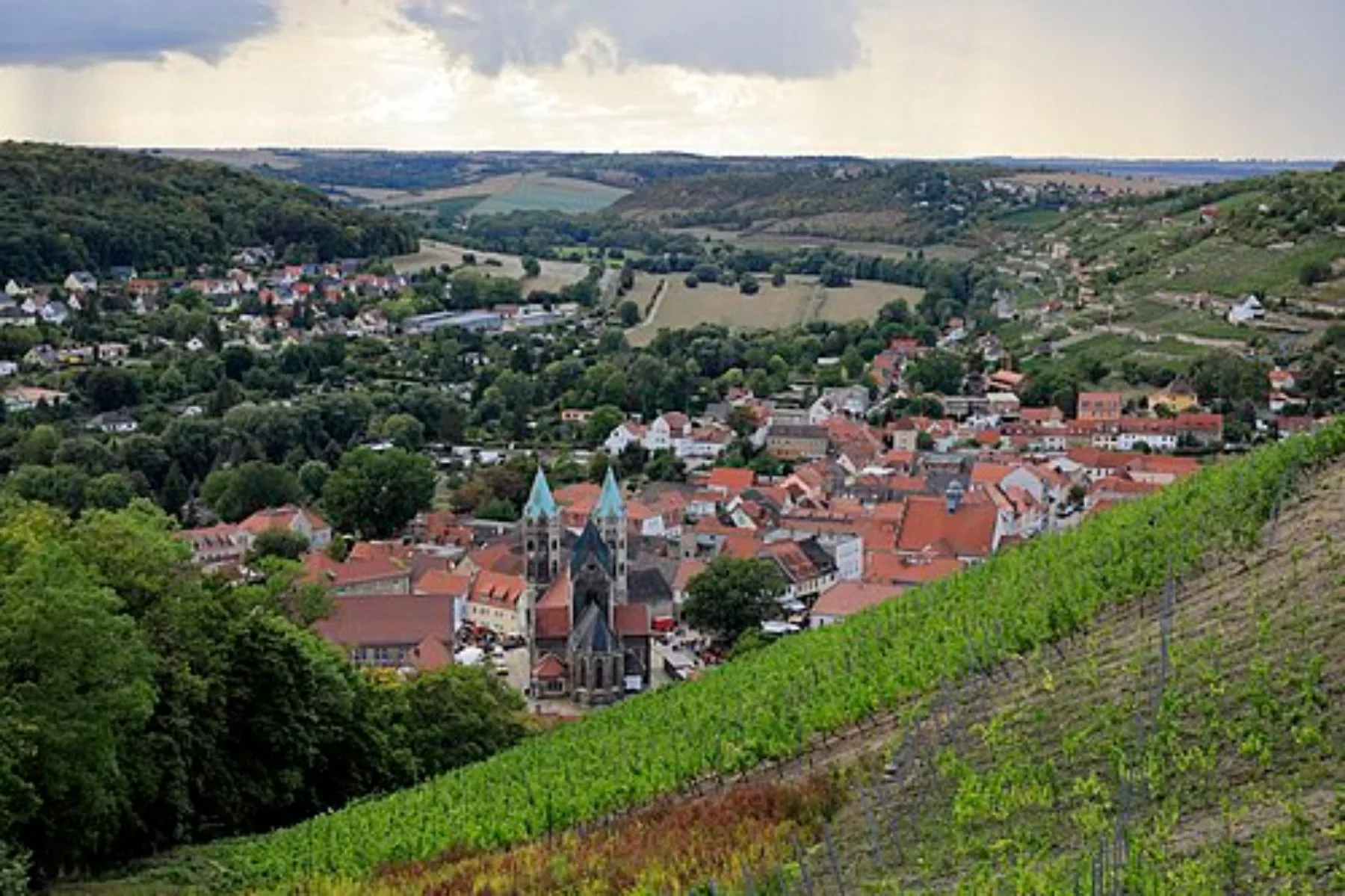 Blick vom Schlifterweinberg über die Weinberge auf Freyburg und die Marienkirche