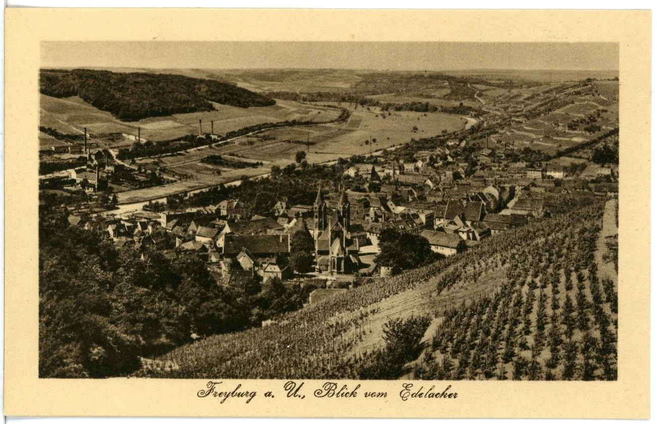 Postkarte von 1914: Blick vom Edelacker über Freyburg und das Unstruttal