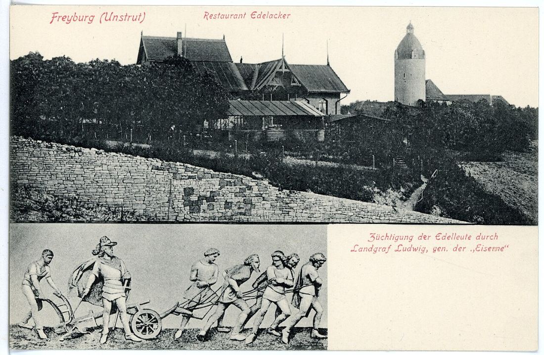 Historische Postkarte von 1913: das Restaurant Edelacker am Schlossberg mit dem Dicken Wilhelm, darunter ein Relief der Edelacker-Sage