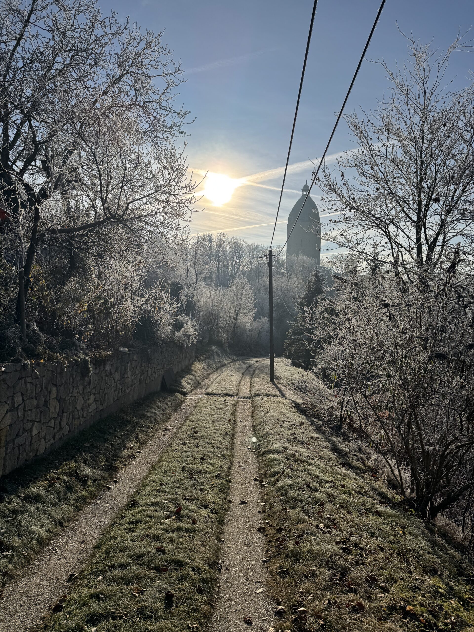 Winterlicher Weg mit Blick auf den Turm